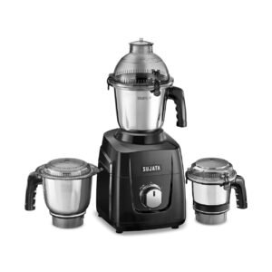 Sujata MG02 Mixer Grinder|1000 Watts Double Ball Bearing Motor|25000 RPM|Non-Stop 90 Mins Running|3 Food Grade Steel Jars including 1500ml Multipurpose, 1000ml Grinder, 500ml Chutney Jar| (Black)